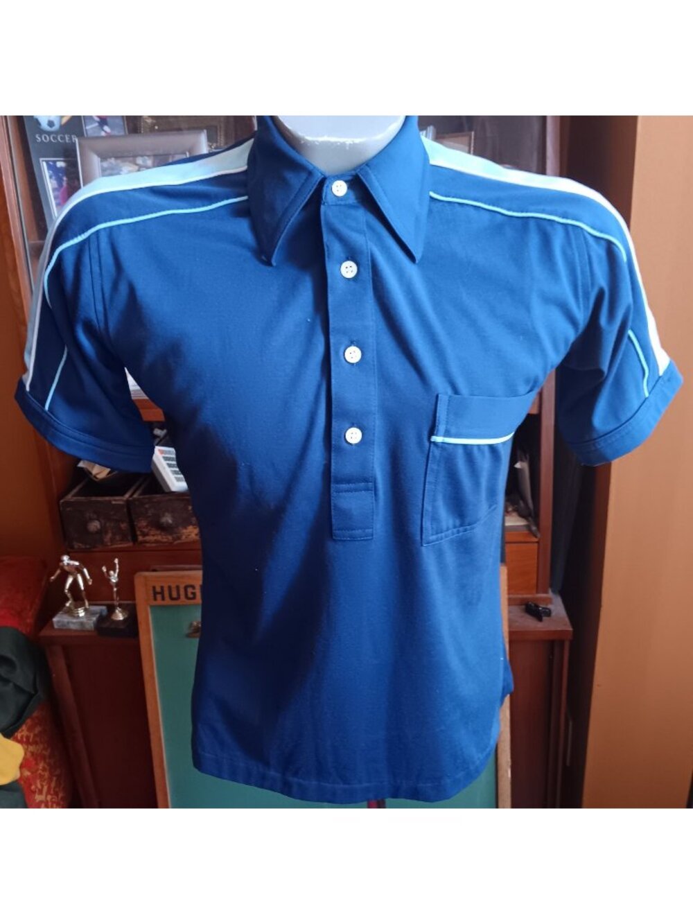 Small Vintage 80's JC Penney Old Man Shirt Blue Polo Single Stitch Golfer Tennis